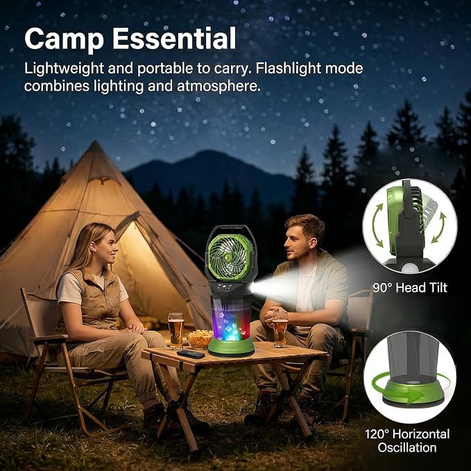 Portable Misting Fan with Remote, 2L Water Tank & 2 Spray Modes, 30000mAh Rechargeable Outdoor Cooling Fan, 4 Wind Speeds, 3 Timers, 120° Oscillation, RGB Lights & Flashlight for Camping Beach Patio