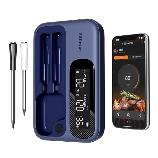 WiFi Wireless Meat Thermometer with Bluetooth, Fitflavor Bluetooth Meat Thermometer for Grill BBQ, Wireless Meat Probe for Food Cook Oven Grilling - Dual Probes, Rechargeable