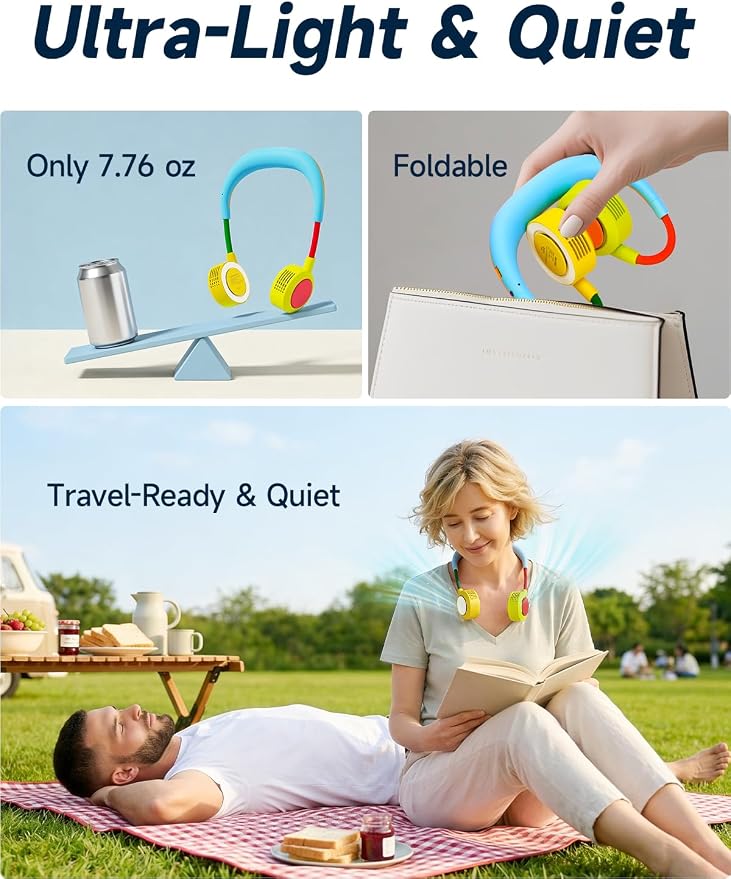 Portable Neck Fan - Hands Free Personal Face Fan, 5 Speeds Rechargeable Wearable Cooling Fan, Flexible Foldable Small Thin Quiet Neck Cooler for Travel, Work, Hot Flashes (Light Blue Green)