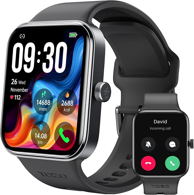 TOZO AMOLED S4 AcuFit One Smart Watch 1.78" Ultra-Clear Screen for Men Women, Call/Answer Fitness Tracker, Sleep Monitor IP68 Waterproof for iOS 11.0+ Android 9.0+ Black
