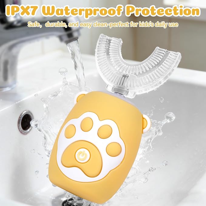 Kids U Shaped Electric Toothbrush for Age 2-12, Rechargeable Toddler Toothbrush with Smart Timer & 3 Clean Modes, Cat's Claw Design, IPX7 Waterproof, 3 Brush Heads & 360°Cleaning