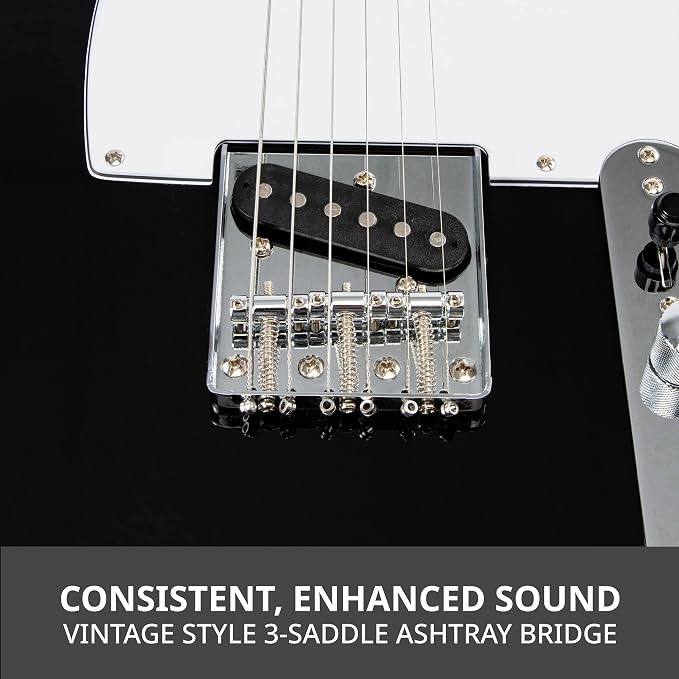 LyxPro 39” Electric Guitar TL Series, Full-Size Paulownia Wood Body, 3-Ply Pickguard, C-Shape Neck, Ashtray Bridge, Quality Gear Tuners, 3-Way Switch & Volume/Tone Controls, 2 Picks Included, Black