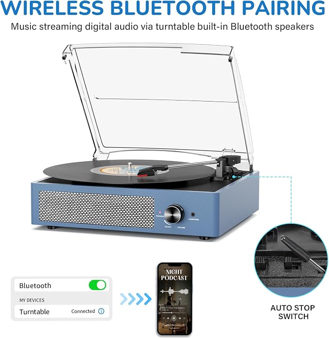 Vinyl Record Player with 2 Stereo Speakers Belt-Driven Vintage Turntables 3 Speed 3 Size Wireless Bluetooth Playback AUX-in RCA Out Headphone LP Vinyl Players Auto Stop Frosted Purple