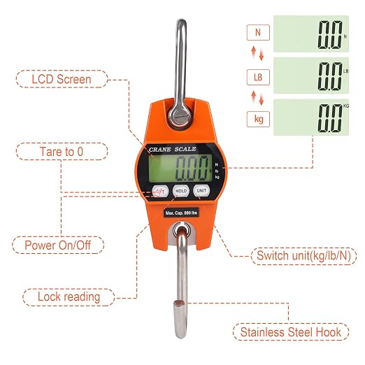 660lb/300kg Digital Crane Scale - Compact LCD Handheld Hanging Scale for Garage, Farm, Hunting, Fishing & More(300kg/Plastic/Orange)