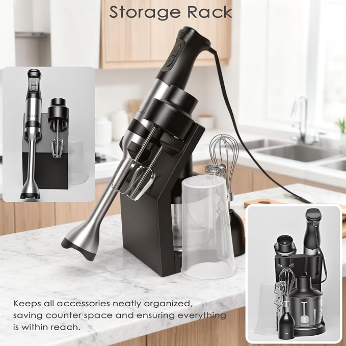 8-in-1 Hand Blender 1200W 5-Speed, Immersion Stick Blender Set with Meat Grinder Dough Hooks Whisk Mixing Cup Storage Rack, for Smoothie Soup Puree Food Dough