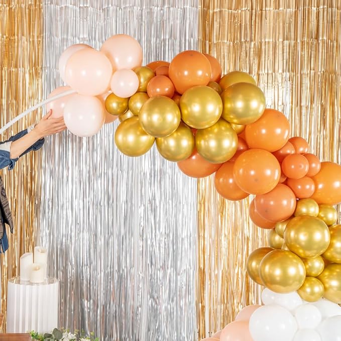 Restaurantware-Balloonify Balloon Garland Set, 1 Party Decoration Kit - 143 Balloons, With Chain, Brown, White, & Gold Latex Balloon Arch Kit, Includes Glue Dots