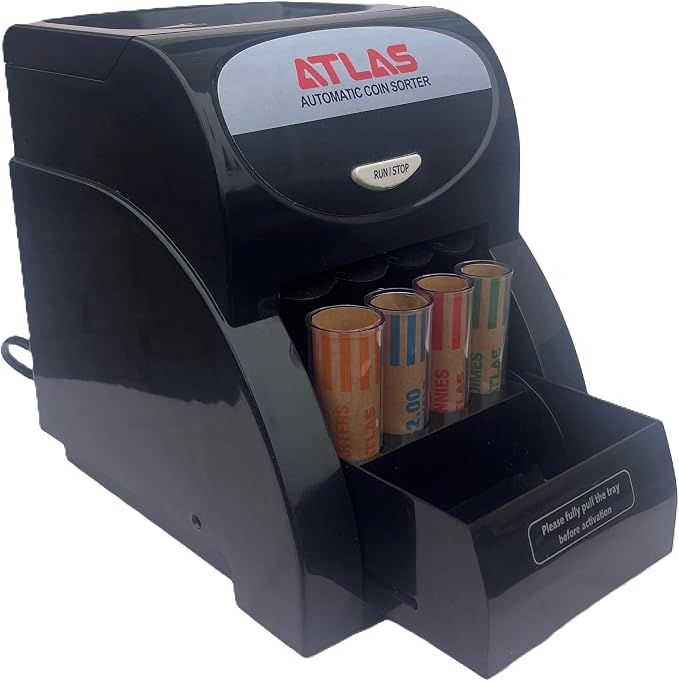 ATLAS Automatic Coin Sorter (AC-1QS), Accurately Sorts 156 Coins per Minute, 200 Coin Hopper with Starter Assortment of Quarter, Penny, Nickel, Dime Preformed Coin Wrappers. | Quickly sort up to 3 rolls of coins per minute