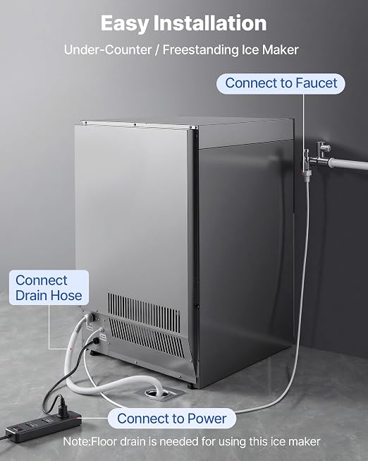 VEVOR Commercial Ice Maker Machine, 200 lbs/24h with 50 lbs Storage Capacity, Built-in/Freestanding/Under Counter, Stainless Steel Ice Maker with LED Display & Self-Cleaning, for Home Bar Restaurant