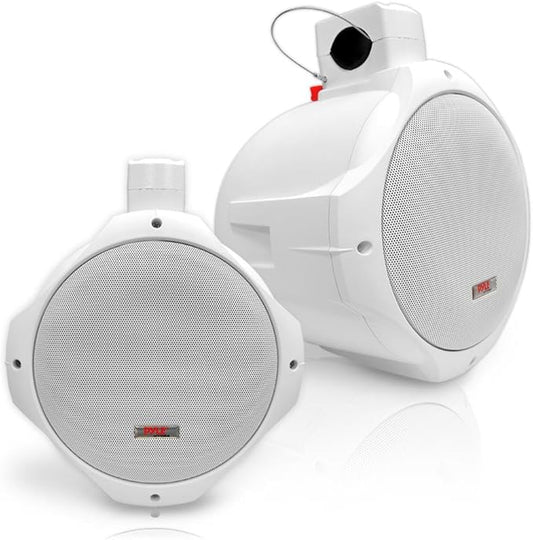 Pyle Waterproof Marine Wakeboard Tower Speakers - 8in Dual Subwoofer Speaker Set and 1” Tweeter with 300 Watt Power - 2-Way Boat Audio Stereo System with Mounting Bracket - 1 Pair PLMRW85 (White)