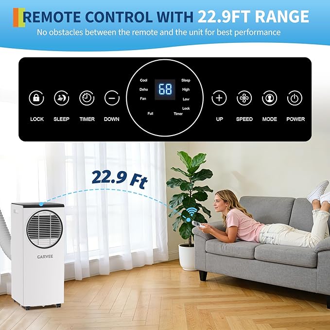 Garvee 8000 BTU Portable Air Conditioner, Portable AC Unit with Dehumidifier, Fan and Remote Control, Energy Efficient Indoor AC Conditioner for Rooms up to 350 Sq. Ft., White