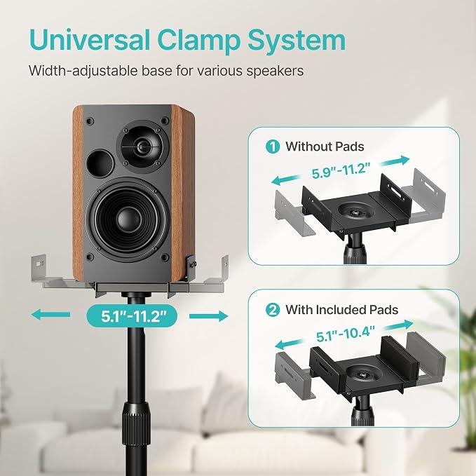 Pegzone Height-Adjustable Speaker Stands Pair, Black | Height Adjustable from 33.4" to 44", 11LBS Capacity, Surround Sound Speaker Stands, Cable Management, 1 Pair