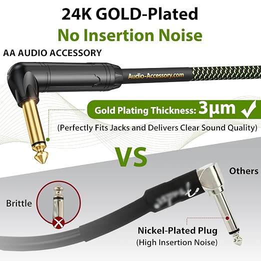 AA AUDIO ACCESSORY Pro Series Guitar Cable 6 ft, Gold-Plated Connector, 18 AWG 99.99% OFC, Low Capacitance Right Angle to Right Angle 1/4 Inch Instrument Cable for Fender Ernie Ball Mogami