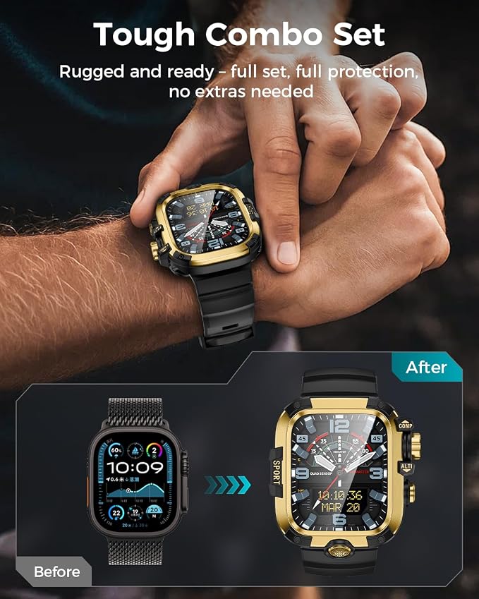 Goton Rugged Case and Band Kit with Screen Protector for Apple Watch 49mm, Compatible with Apple Watch Ultra 3/2/1, Full Body Shockproof Metal+PC Bumper Cover with Soft Band, 49mm Gold