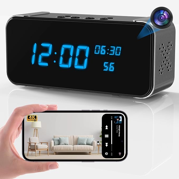 Hidden Camera Clock with Bluetooth Speaker 4K WiFi Indoor Camera for Home Security - Mini Nanny Cam with Night Vision, Motion Detection, Remote Live Stream