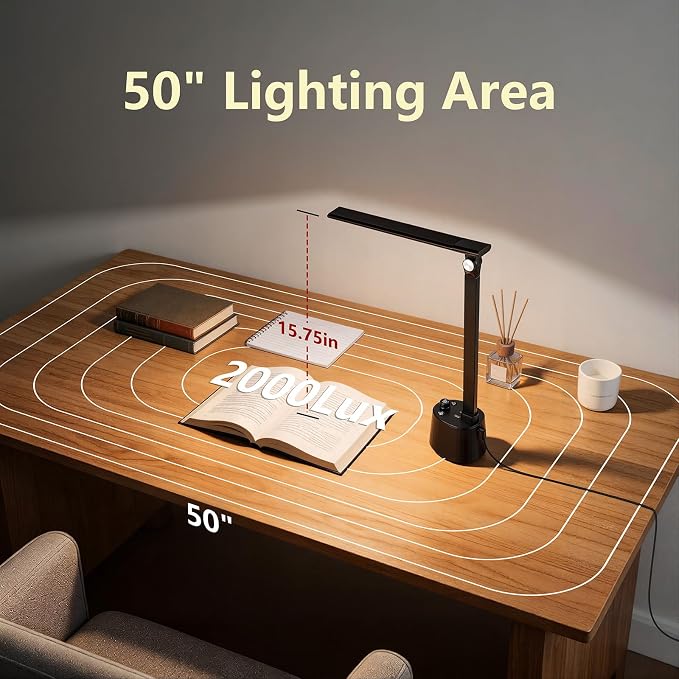 BOHON Small Desk Lamp with USB C Charging Port, Stepless Dimming 5 Colors Reading Light, Space-Saving Rotating Head Desk Lamp for Home Office, Dorm, Bedroom, Black