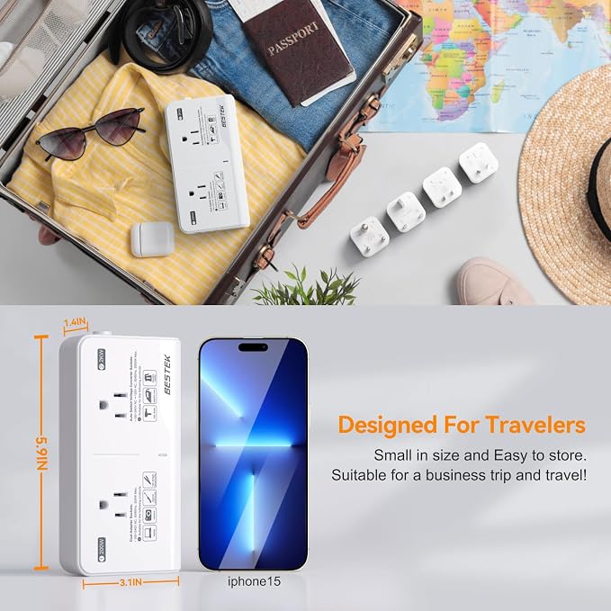 BESTEK 220V to 110V Voltage Converter US to Europe, 2000W Universal Travel Adapter with 2 USB C Ports & 1USB-A Port for Hair Straightener