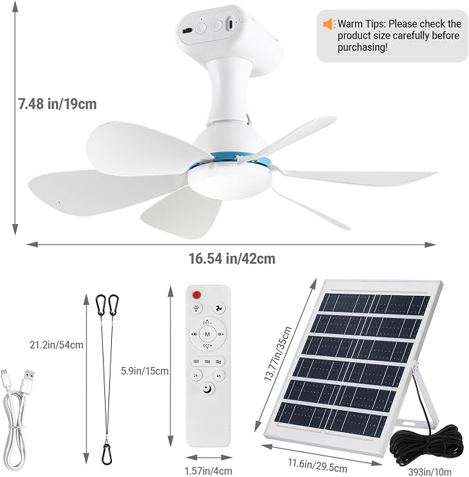 Solar Ceiling Fan Light with Remote, 30000mAh Portable solar lights outdoor with 20W Solar Powered Fan, 3 Speeds, solar fans with Light for Patios, Canopy, Shed, RV, Porch and Chicken Coop