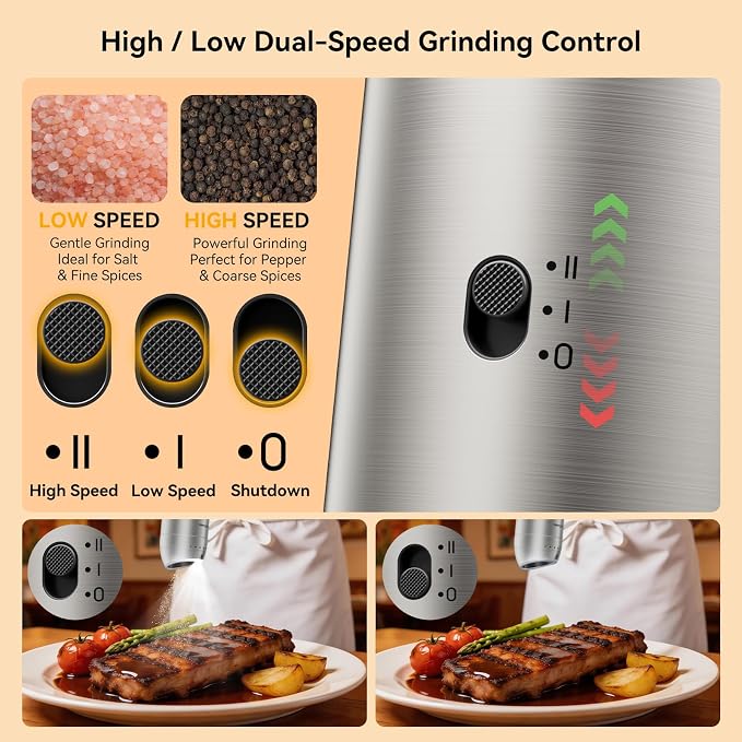 Electric Salt and Pepper Grinder Set, Automatic Gravity Pepper Grinder with Charging Base, Rechargeable Stainless Steel Spice Mill, Adjustable Coarseness, Dual-Speed Control, LED Light, Large Capacity