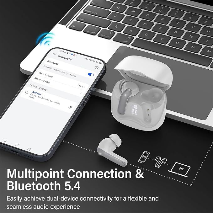 Hybrid Active Noise Canceling Wireless Earbuds, 6 Mics ENC Clear Call Ear Buds, Hi-Res Audio Deep Bass Bluetooth 5.4 Headphones, 48H Playtime, IP7, 8 EQ Modes, Multipoint Connection (White)