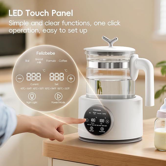 Baby Instant Warmer, Baby Milk Warmer Glass Electric Kettle Boiler with Night Light, Accurate Temperature Control for Formula, 1.2L Glass Water Warmer Breastmilk,Boil Coffee,Tea, 24H Insulation