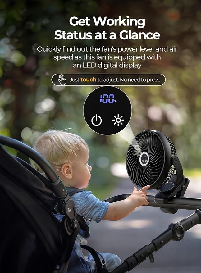 Koonie 10000mAh Portable Clip on Fan with LED Lantern and Hook, 8'' Battery Operated Desk Fan, Quiet Camping Fan with LED Digital Display, 360° Rotation & 3 Speeds for Travel Tent Gym Treadmill