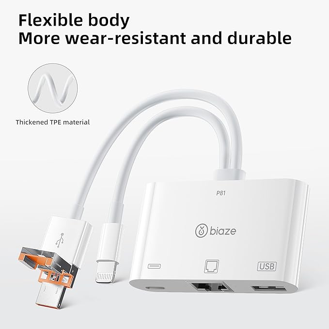 USB to Ethernet Adapter, 3 in 1 RJ45 Ethernet LAN Network Adapter with Charging Port and USB Port Compatible with iPhone 16/15, Laptop, MacBook, PC with Windows(RJ45 3-in-1 USB HUB)