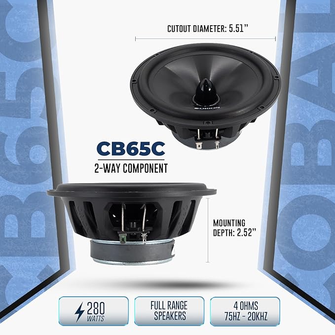 ORION Cobalt Series CB65C 2-Way Car Audio Component System - 6.5” Speakers, Full Range, Enhanced Bass, 280W, 4 Ohms, Easy Installation, 1” Silk Dome Tweeter, External Passive Crossover (Pair)