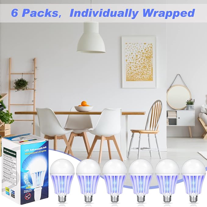 Qualirey 6 Pcs Bug Zapper Light Bulb Bulk 2 in 1 Electronic Mosquito Killer Lamp LED Light for Fruit Flies Bug Fly Insect Mosquito Control, Suitable for Indoor Entryway Patio Doorway Corridor(6 Pcs)