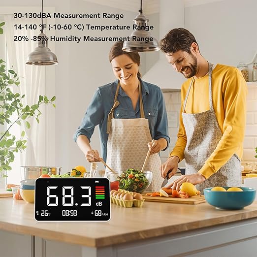 Digital Sound Level Meter 30-130dBA with Temperature Humidity Detection for Home School Library Desktop DM219N
