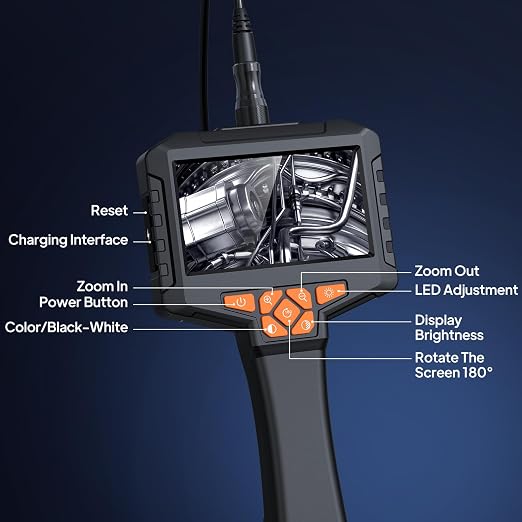 Single Lens Borescope, Ginocaco 4" IPS Endoscope Camera with Light, IP67 Waterproof Snake Camera with Semi-Rigid Cable for Automotive, Plumbers, HVAC(16.4Ft)