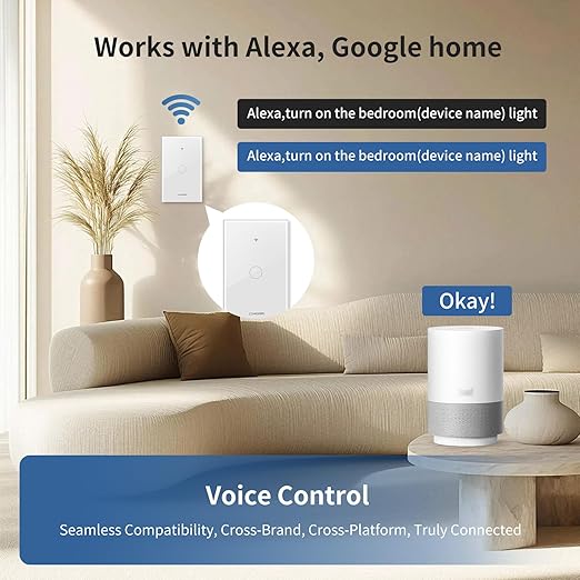 Smart Matter Light Switch, 2.4G WiFi Touch Wall Switch (Neutral Wire Required), Single-Pole Smart Switch Works with Apple Home, Alexa, Google Home & SmartThings, Tempered Glass Panel, White
