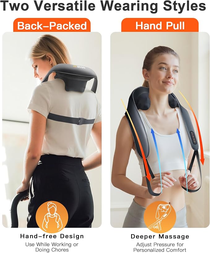 JZBRAIN Cordless Shiatsu Neck and Shoulder Massager with Heat & Kneading | 2000mAh Rechargeable Battery Hands-free 3 Modes 2 Intensity 2 Heat Levels Muscle Soreness Stiff Neck Fatigue Relief