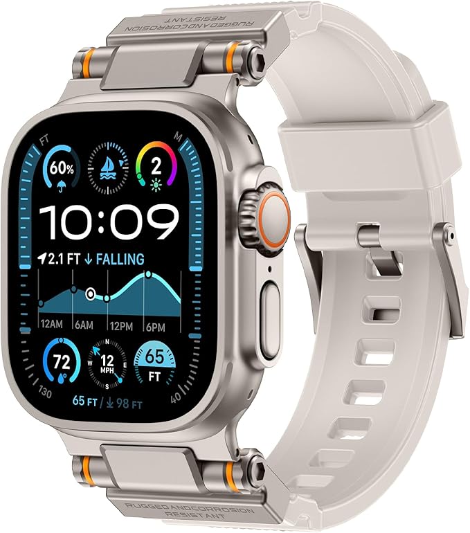 FOAMUNOC Rugged Band Compatible with Apple Watch Ultra 3/2/1 Band 49mm/46mm/45mm/44mm/42mm, Metal Connector with Strap for iWatch Ultra Series 11/10/9/8/7/6/SE3/SE2/SE/5/4/3/2/1, Starlight/Titanium