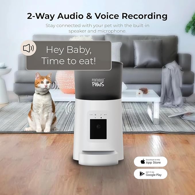 Penthouse Paws Smart HD Pet Feeder, 6L Dry Food Capacity, 1080p Camera, 2-Way Audio, Scheduled Meals, Backup Power, Easy to Clean, Anti-Jam Design for Cat & Dog, White