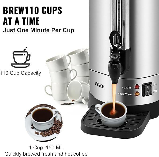 VEVOR Commercial Coffee Urn, 110Cups/16.5L Stainless Steel Large Coffee Dispenser, 1500W 110V Electric Coffee Maker Urn For Quick Brewing, Hot Water Urn for Easy Cleaning