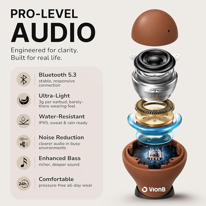 Air Skin Tones Invisible Earbuds for Small Ears - Wireless Bluetooth 5.4, Skin-Matching Mini Stemless Ear Buds, IPX5 Waterproof, ENC Noise Cancelling (Copper Amber)