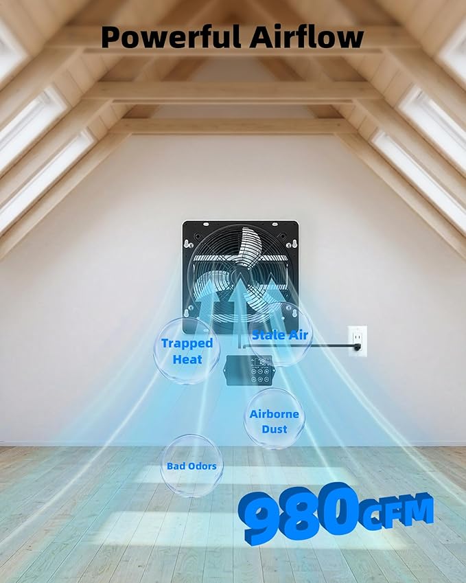 Upgraded 12" Shutter Exhaust Fan with Thermostat & Remote, 980 CFM High-Speed Wall Mounted Attic Vent Fan with Thermostat, Quiet Cooling Ventilation for Garage, Greenhouse, Chicken Coop