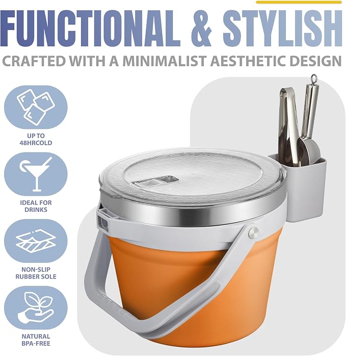 COKTIK 7L Vacuum Insulated Ice Bucket with Lid and Scoop& Tongs，Large capacity Stainless Steel Beverage Bucket for Cocktail, Champagne, Wine, Beer，Large Parties（Orange Suit）