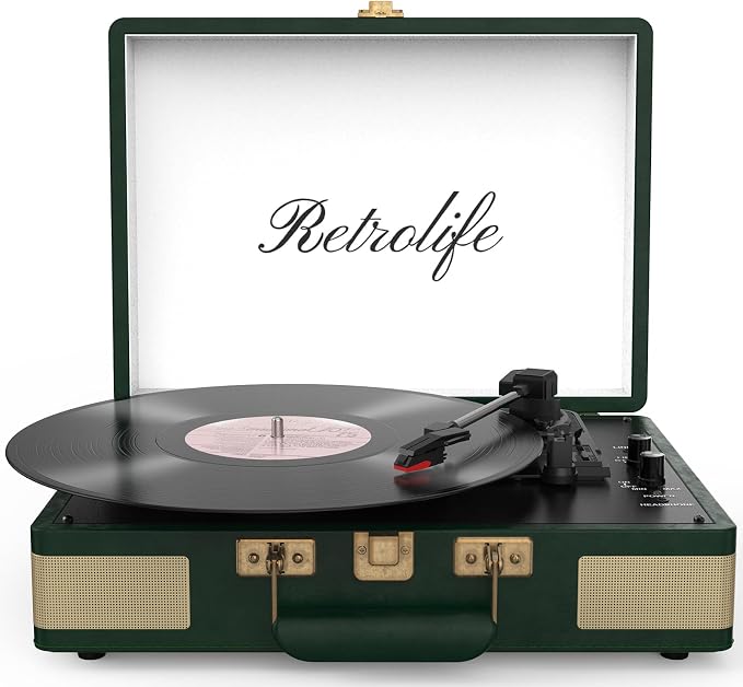 Record Player 3 Speed Bluetooth Portable Suitcase Vinyl Player with Built-in Speakers Turntable Enhanced Audio Sound PU Leather Vintage