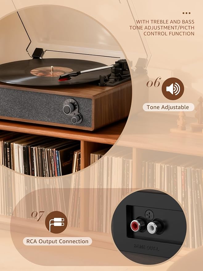 Vinyl Record Player Built-in Stereo Speakers Vintage Turntable for Vinyl Records LP Phonograph Belt Drive 3 Speed 3 Size Wireless Input RCA Output Auto Stop Tone Adjustment Wooden Retro Walnut Brown
