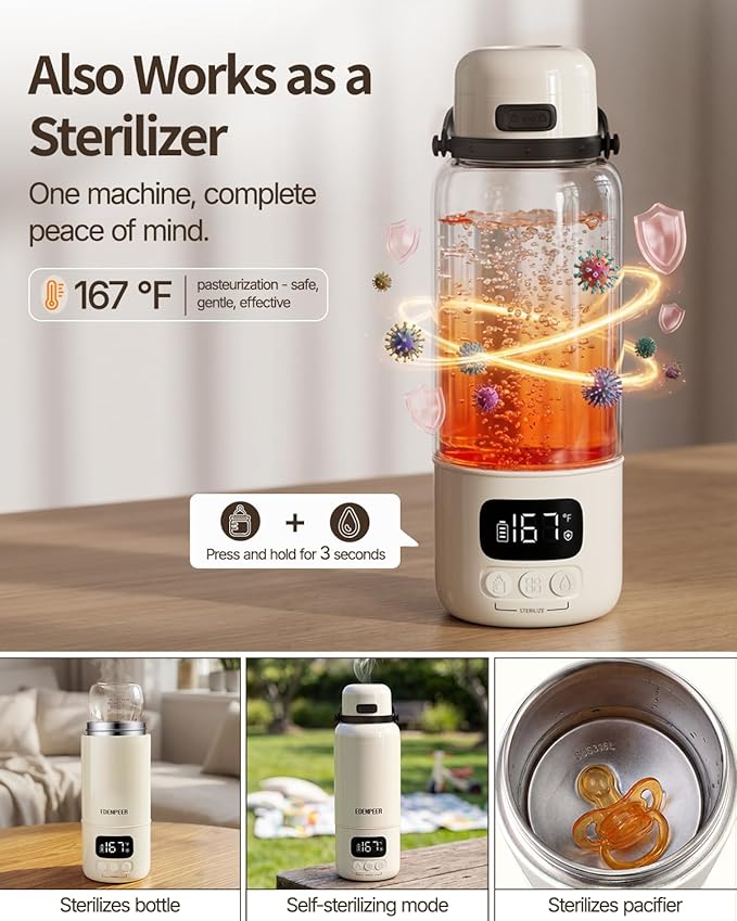Portable Bottle Warmer for Travel | 3X Faster Heating | 3" Wide Mouth for Easy Cleaning | USB-C & AC Plug-in Power Options | Built-in Sterilizer |Warms Breastmilk & Formula On the Go | 17oz Capacity