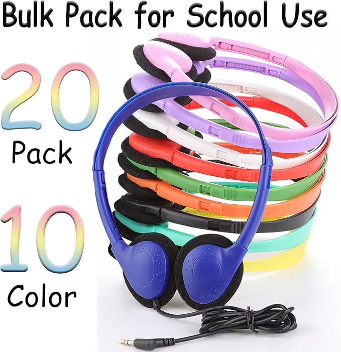 20 Pack Bulk Classroom Headphones for Students Kids School, Wholesale Headphones Class Set with 3.5mm Jack for Chromebook Laptop PC Computer(10 Mixed Colors)