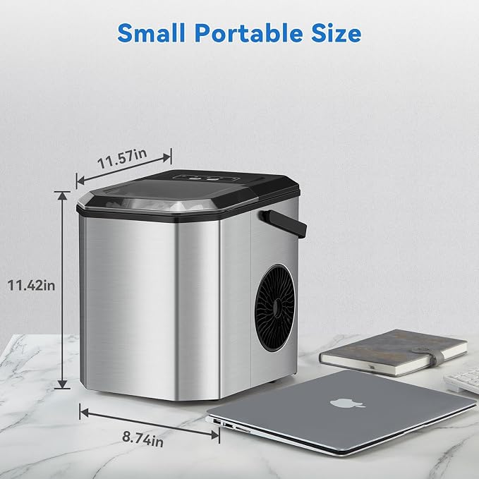 Countertop Ice Maker 26Lbs/24Hours Portable Small Ice Machine Stainless Steel Bullet Ice Machine with Scoop, Low Noise, Compact, Self-Cleaning Mini Ice Maker for Kitchen Office Camping Party