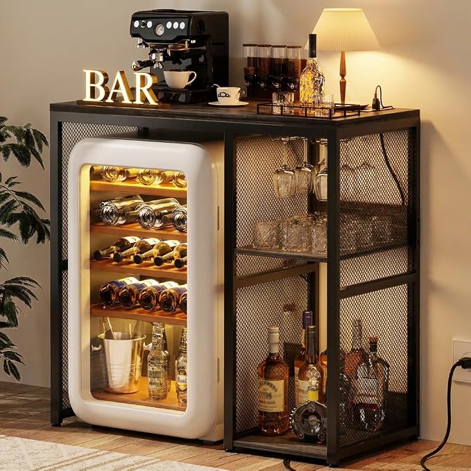Homieasy Mini Fridge Cabinet with Power Outlet, Coffee Bar Cabinet with Mini Fridge Space, Industrial Liquor Cabinet with Wine Storage & Glass Holder for Dorm, Living Room, Home Kitchen, Grey