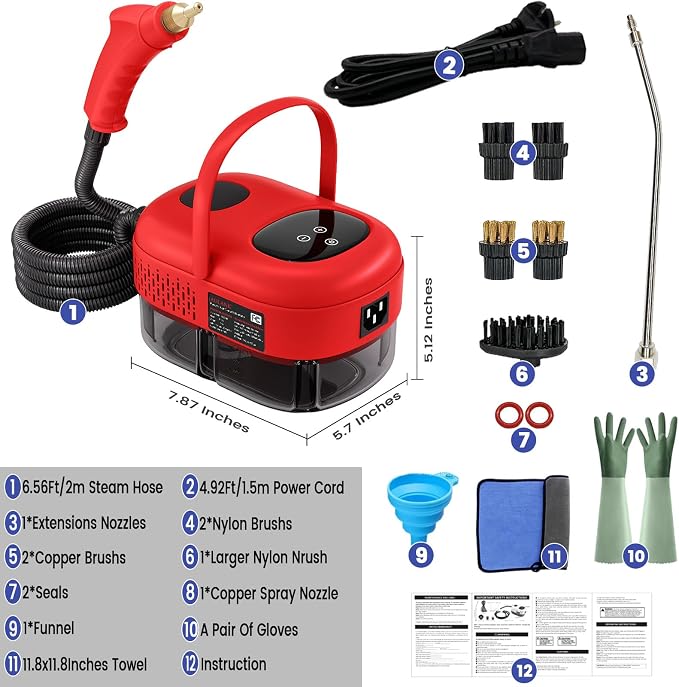 Steam Cleaner, Portable Pressurized Steamer for Cleaning with 14pcs Accessories, 6-Level Adjustable and 15s Heat-Up, Handheld Steam Cleaner for Home, Tile, Dirt, Grout, Grease, Car Detailing (5-Red)