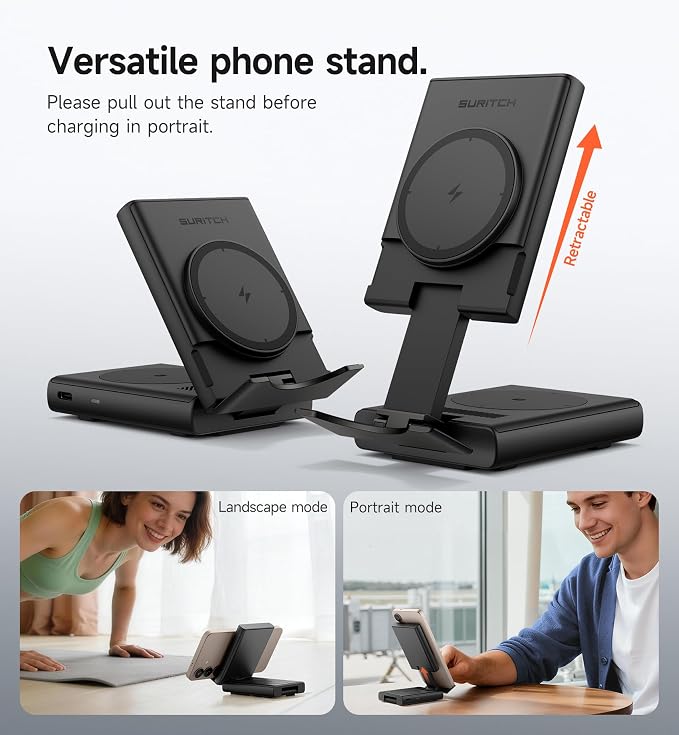 SURITCH for Samsung 3-in-1 Wireless Charging Station, 15W Ultra-Compact Chargers Foldable Charging Dock Stand for Galaxy S25 S24 S23 S22 S21 Z Fold/Z Flip, Galaxy Watch 8/7/6/5/4/3, Galaxy Buds, Black