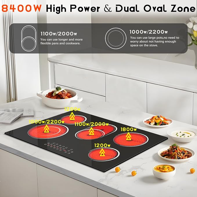30 Inch Electric Cooktop 5 Burner 8400W Electric Stove 30 Inches Built-in Ceramic Stovetop with Touch Control, Timer, 9 Power Level, Safety Lock & Pause, 220V-240V Hard Wird (No Plug)