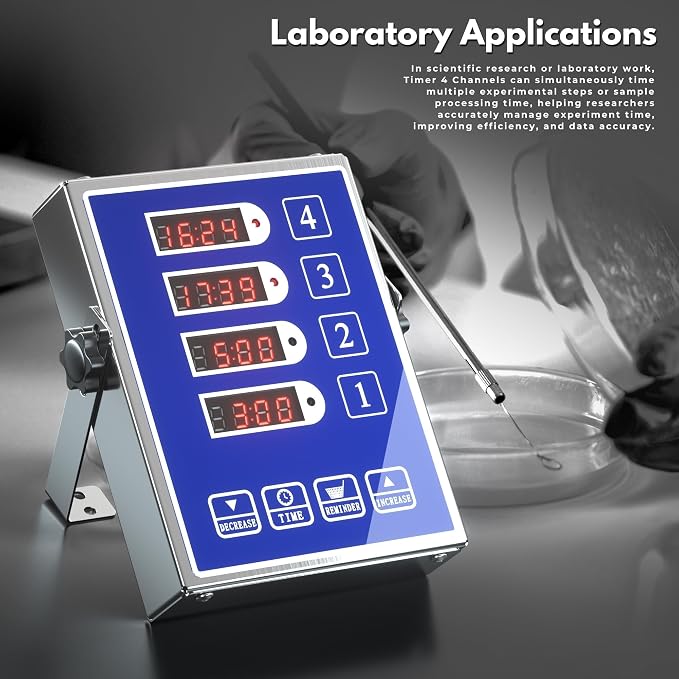 Commercial Kitchen Timer with 4 Channels, Digital Timer for Cooking, Loud Alarm Volume +/-, Food Truck Restaurant Supplies, Heavy Duty Stainless Steel Large Timers, Waterproof Panel & Memory Function