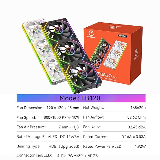 FB120 3 Pack 120mm ARGB PC Case Fans - Wireless Splicing/Daisy-Chain Design, 16.8M Colors Infinite Mirror Design with Remote, PWM Speed Control, High Airflow, Quiet Cooling for Gaming PC Build