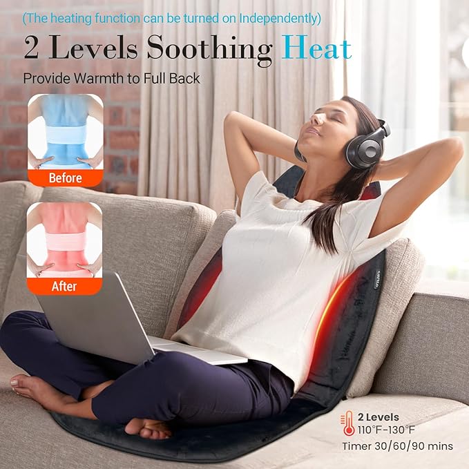 Back Massager with Heat, 5 Vibrating Modes & 2 Heat Levels, Back Massager Chair Pad, Electric Massage Seat Cushion, Massage Pad for Back Pain Relief, Gifts for Men Him Dad Mom Her